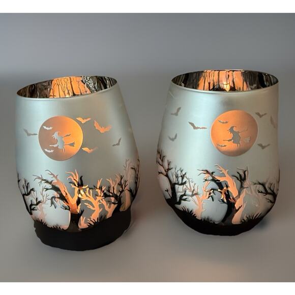 Halloween Spooky Night Tea Light Holders Stemless Wine Glasses Bats Forest - Picture 1 of 7